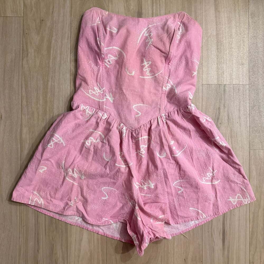 Vintage 80s Marissa Pink Strapless Romper Size Medium Abstract Print